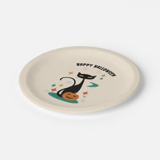 Halloween Mitte Jahrhunderts Schwarze Katze Pappteller (Schrägansicht)