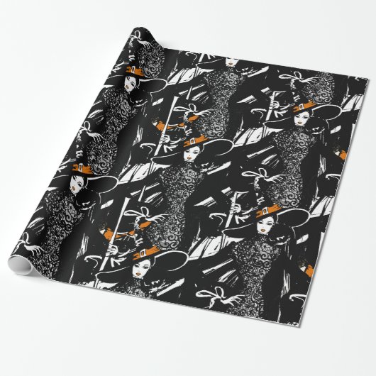 Halloween Modebild mit Besen Geschenkpapier (Ungerollt)