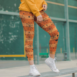 Halloween Modern Orange Black Bat Spider Web Leggings