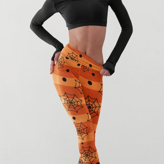 Halloween Modern Orange Black Bat Spider Web Leggings