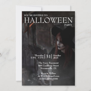 Halloween Moderne Gothic-Hexe Besen Dunkles Foto Einladung