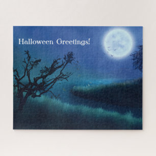 Halloween-Mond bei Nacht in Blautönen und Grün Puzzle