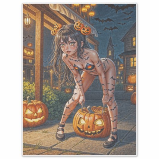 Halloween Monster Jack-o-Lantern & Bat Vixen Girl Aufkleber (Vorderseite)