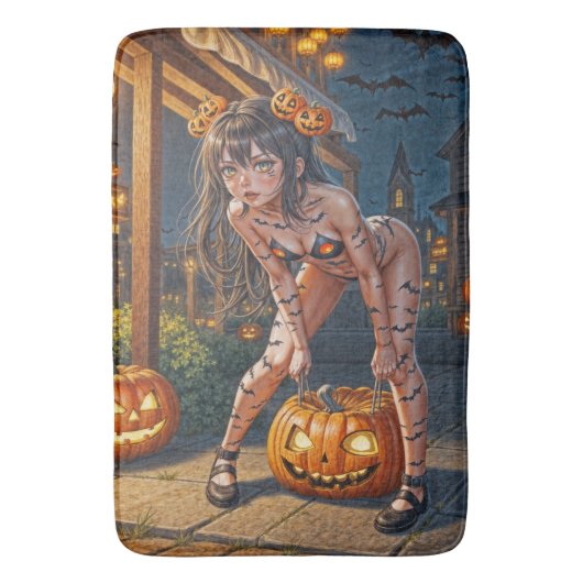 Halloween Monster Jack-o-Lantern & Bat Vixen Girl Badematte (Vorderseite Vertikal)
