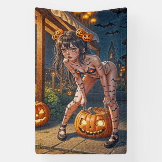 Halloween Monster Jack-o-Lantern & Bat Vixen Girl Banner (Vertikal)