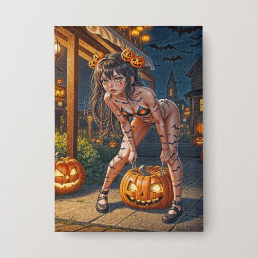 Halloween Monster Jack-o-Lantern & Bat Vixen Girl Button (Vorderseite)