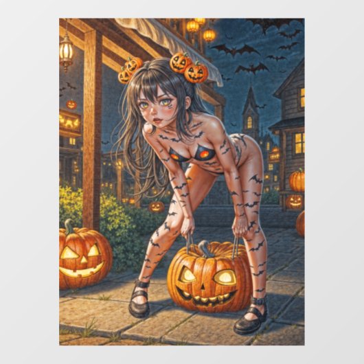 Halloween Monster Jack-o-Lantern & Bat Vixen Girl Fensteraufkleber (Blatt)