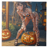 Halloween Monster Jack-o-Lantern & Bat Vixen Girl Fliese (Vorderseite)