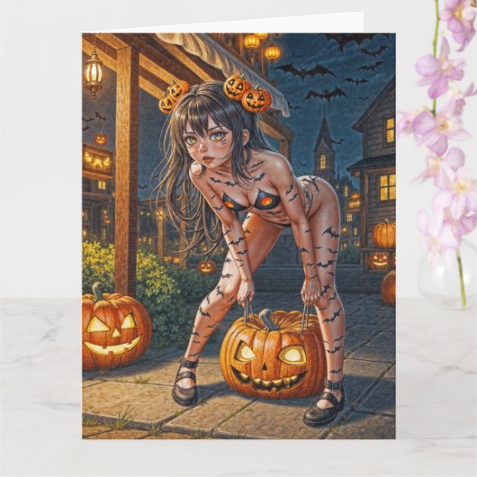 Halloween Monster Jack-o-Lantern & Bat Vixen Girl Karte (Orchidee)
