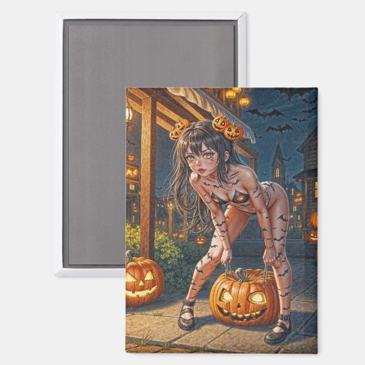 Halloween Monster Jack-o-Lantern & Bat Vixen Girl Magnet (Vorderseite/Rückseite)