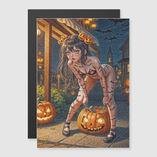 Halloween Monster Jack-o-Lantern & Bat Vixen Girl Magneteinladung (Vorne/Hinten)