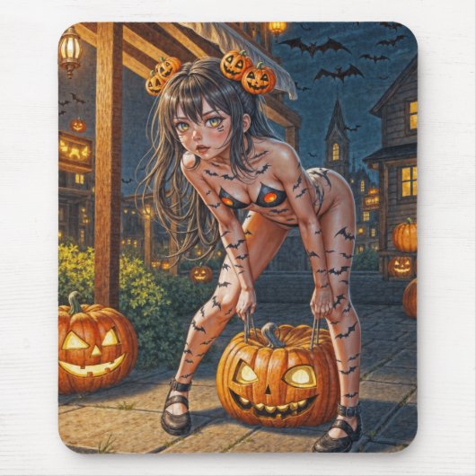 Halloween Monster Jack-o-Lantern & Bat Vixen Girl Mousepad (Vorne)