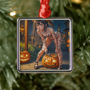 Halloween Monster Jack-o-Lantern & Bat Vixen Girl Ornament Aus Metall