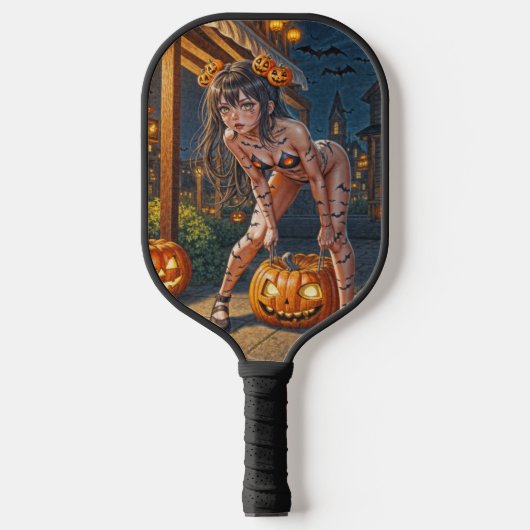 Halloween Monster Jack-o-Lantern & Bat Vixen Girl Pickleball Schläger (Vorderseite)