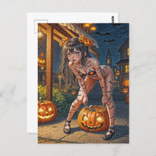 Halloween Monster Jack-o-Lantern & Bat Vixen Girl Postkarte
