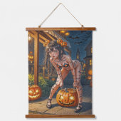 Halloween Monster Jack-o-Lantern & Bat Vixen Girl Wandteppich Mit Holzrahmen (Vorderseite)