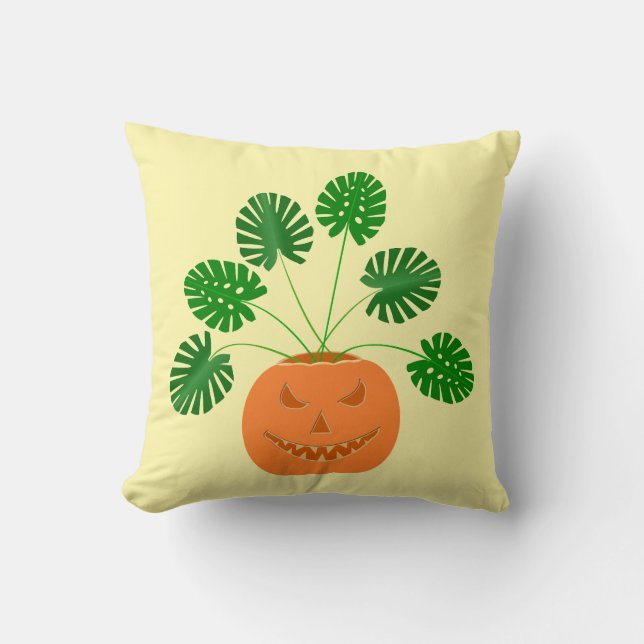 Halloween Monstera Pflanze in Pumpkin Kissen (Vorderseite)