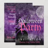 Halloween Moon & Spider Web Lila Einladung (Vorne/Hinten)