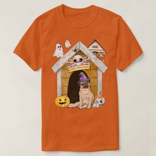 Halloween Mops Dog Hexe Spuk Haus T-Shirt (Design vorne)