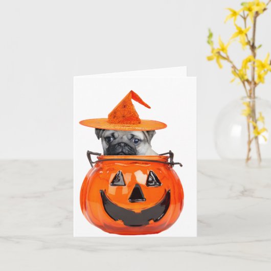 Halloween-Mops Karte (Gelbe Blume)