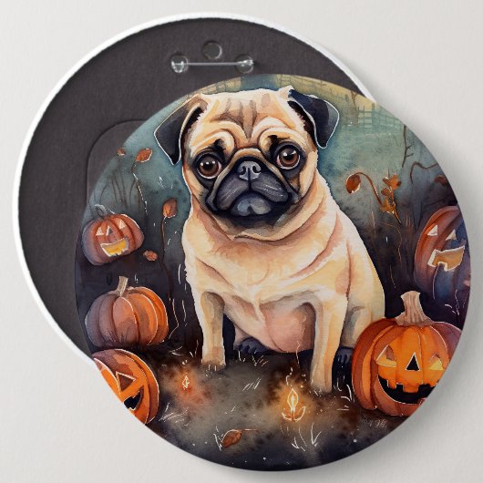 Halloween-Mops mit Pumpkins Beängstigend Button (Vorne & Hinten)