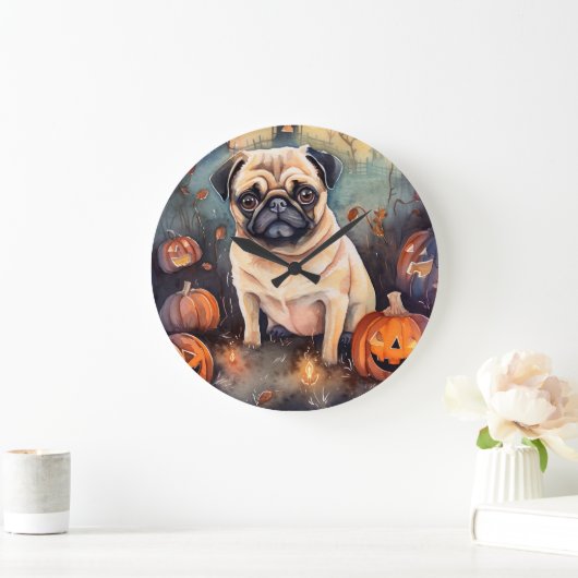 Halloween-Mops mit Pumpkins Beängstigend Große Wanduhr (Zuhause)
