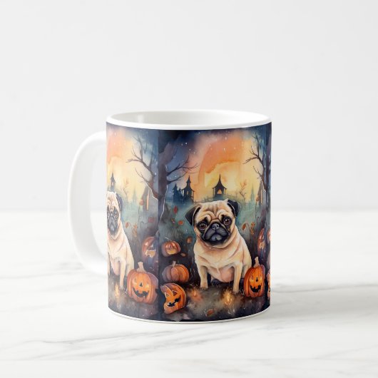 Halloween-Mops mit Pumpkins Beängstigend Kaffeetasse (Vorderseite Links)