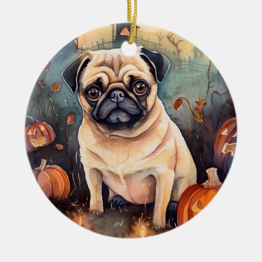 Halloween-Mops mit Pumpkins Beängstigend Keramik Ornament (Vorne)