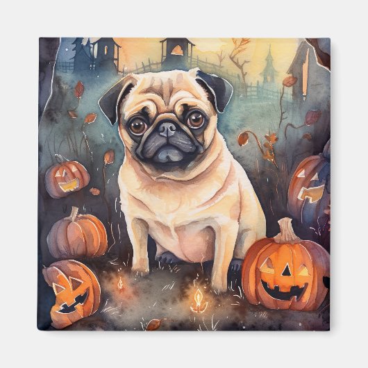 Halloween-Mops mit Pumpkins Beängstigend Magnet (Vorne)