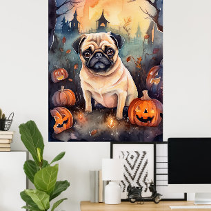 Halloween-Mops mit Pumpkins Beängstigend Poster
