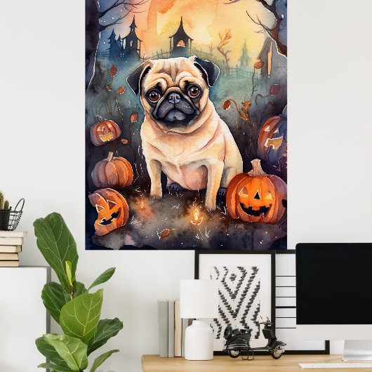 Halloween-Mops mit Pumpkins Beängstigend Poster (Heimbüro)