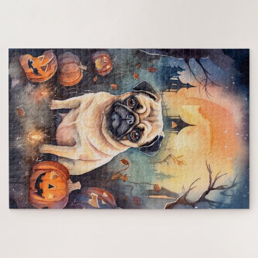 Halloween-Mops mit Pumpkins Beängstigend Puzzle (Horizontal)