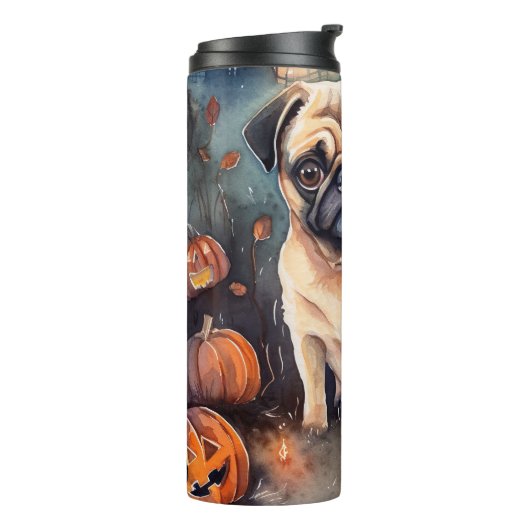 Halloween-Mops mit Pumpkins Beängstigend Thermosbecher (Nach links gedreht)