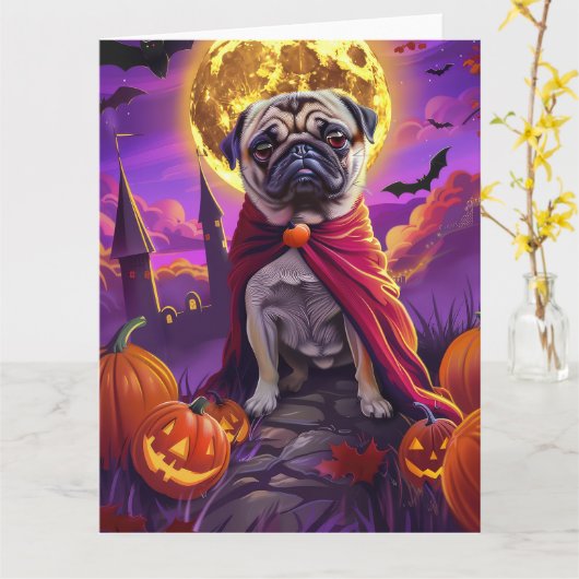 Halloween Mops Vampir Kürbisse Gruselig Karte (Gelbe Blume)