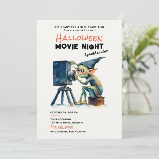 Halloween Movie Night Spooktacular Green Gremlin Einladung (Stehend Vorderseite)