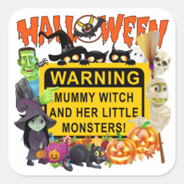 Halloween, Mummy Hexe und ihre kleinen Monster Quadratischer Aufkleber