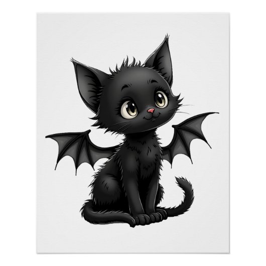 Halloween mürrisches schwarzes Kätzchen in Flederm Poster (Vorderseite)