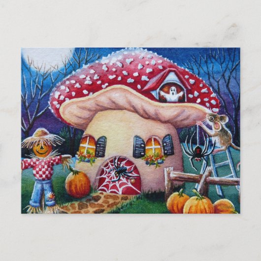 Halloween Mushroom Mouse House Spiders Wasserfarbe Postkarte (Vorderseite)