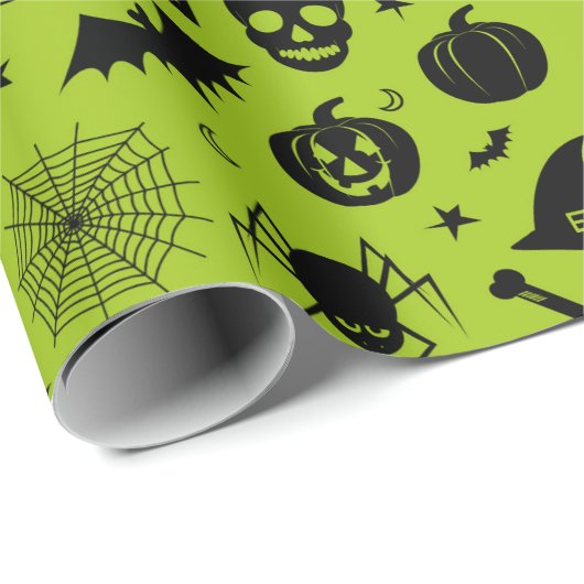 Halloween-Muster-Grün und Schwarzes Geschenkpapier (Rolleneckpunkt)