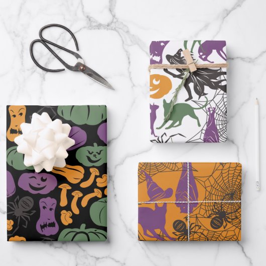 Halloween Muster Hexenhut Katzenspinne Set 3  Geschenkpapier Set (Vorderseite)