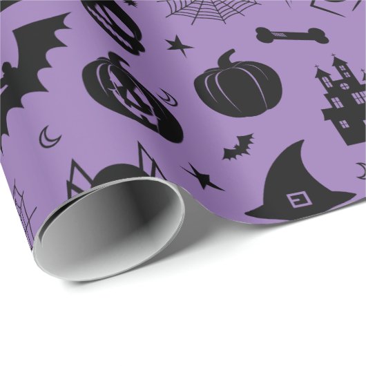 Halloween-Muster lila und schwarz Geschenkpapier (Rolleneckpunkt)