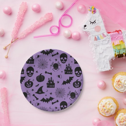 Halloween-Muster lila und schwarz Pappteller (Party)