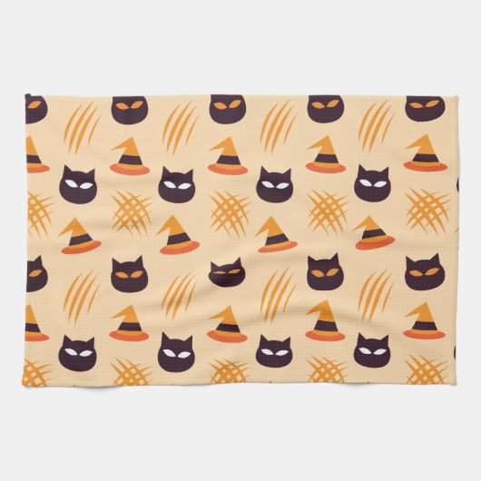 Halloween Muster mit Katzen und Beige Muster Geschirrtuch (Horizontal)