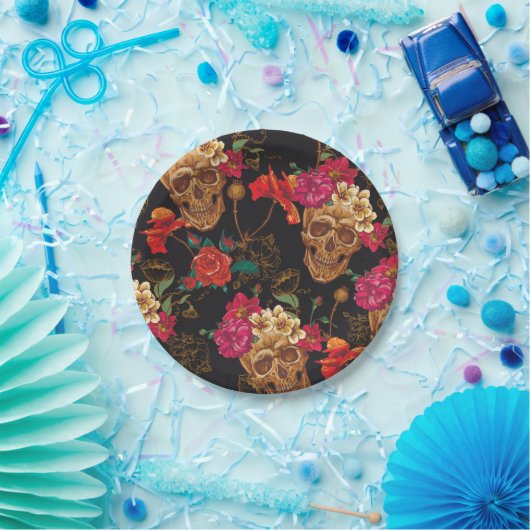 Halloween-Muster, Schädel, Rose, gotisch, schwarz, Pappteller (Party)