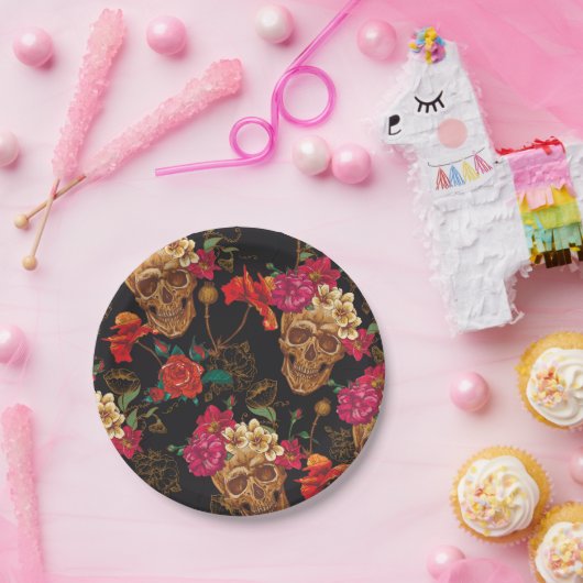Halloween-Muster, Schädel, Rose, gotisch, schwarz, Pappteller (Party)
