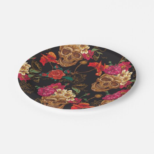 Halloween-Muster, Schädel, Rose, gotisch, schwarz, Pappteller (Schrägansicht)