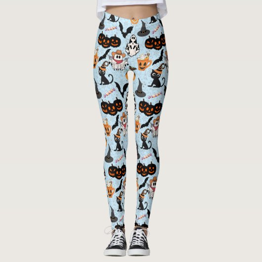 Halloween-Muster. Spooky und niedlich L Blue BG Leggings (Vorderseite)