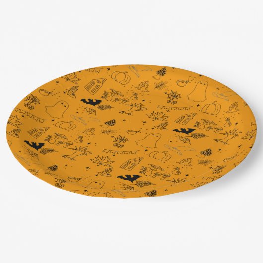 Halloween-Muster von Geistern, Häusern, Spinnen Pappteller (Schrägansicht)