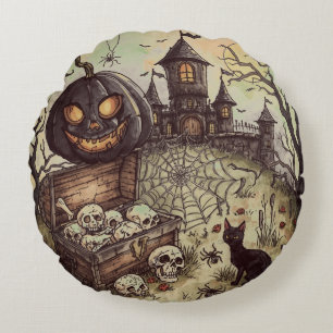 Halloween Nacht : Die gruselige schwarze Kürbiswa Rundes Kissen