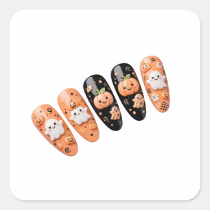 Halloween Nägel Schwarz Orange - Süße Geister Kürb Quadratischer Aufkleber